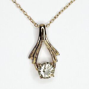 Rhinestone Pendant Necklace Goldtone Very Light Green Solitaire 3/8"